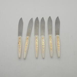 Vintage 6 Mini Cocktail Appetizer Knives Japan Cream Gold Floral MCM Stainless